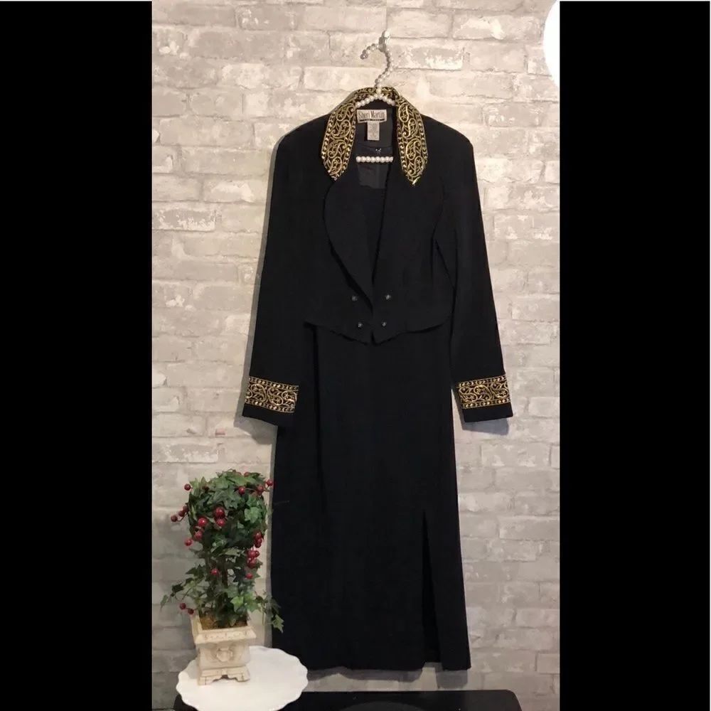 Vintage Sheri Martin Formal Two Piece Dress Set Black with Gold Embroidery